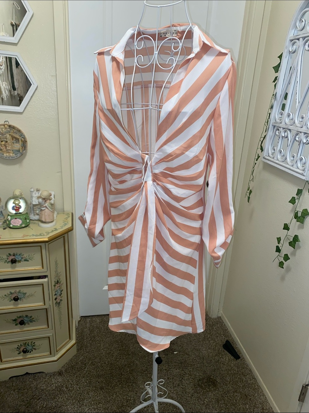Tie-Front Striped Swim Coverup in Peach and White
